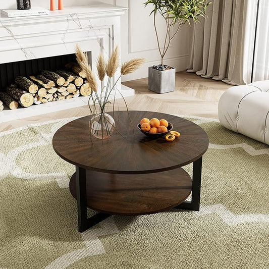 Round Coffee Table with Storage Shelf, 33.5in Circle Accent Center Table with Black Metal Legs, 2-Tier Industrial Cocktail Table for Living Room, Brown-1338NC