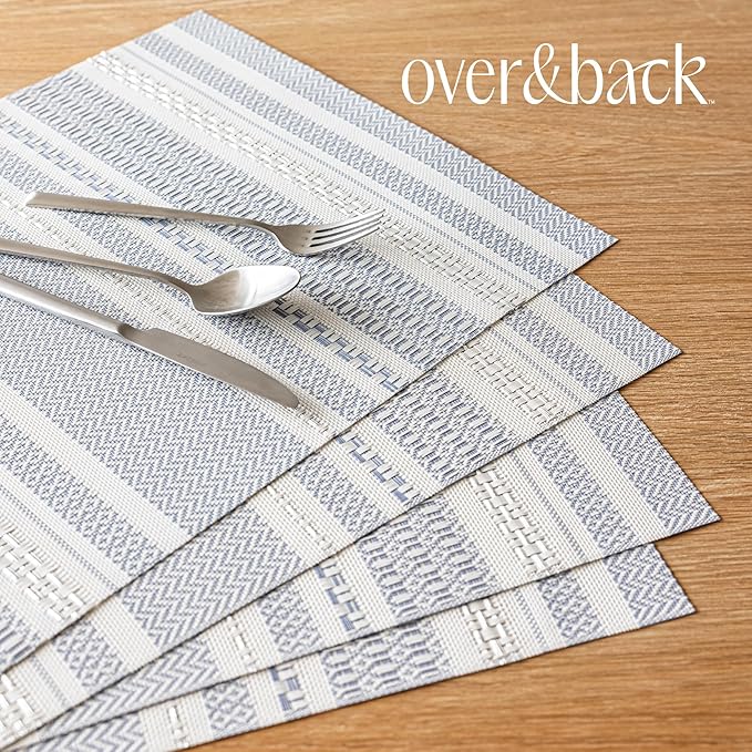 Over&Back Set of 4 Reversible Woven Placemats - Colorful Dining Room Table Mat - UVA/UVB-Proof Polypropylene - Indoor and Outdoor Kitchen and Home Decor - Striped - Blue - Rectangle