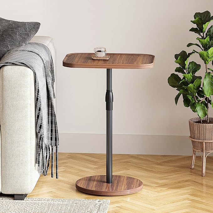 Adjustable End Table, Small Tray Side Table, Drink Table for Small Spaces, Pedestal Nightstand for Living Room, Bedroom, Sofa Couch, Rustic Brown ET-009BR