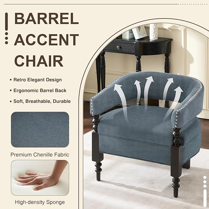 LOULENS Barrel Accent Chair for Living Room | Vintage Linen Upholstered Lounge Chair with Solid Wood Legs, Armchair for Bedroom, Reception Room & Reading Nook, Blue
