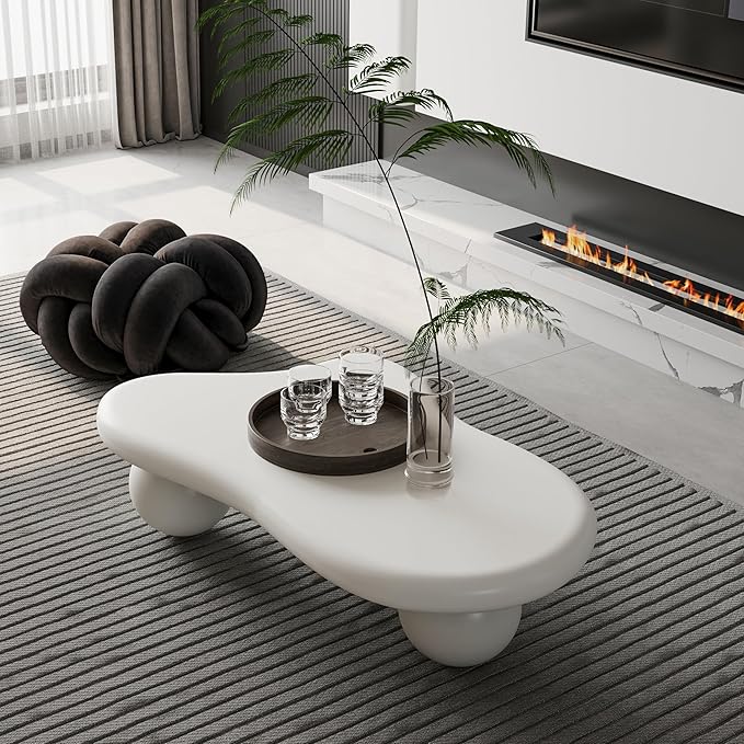 40" Irregular Cloud Coffee Table Asymmetrical Tea Table Low Coffee Table Unique Center Tables with 3 Ball Legs for Living Room Office Apartment Modern Furniture Cream White