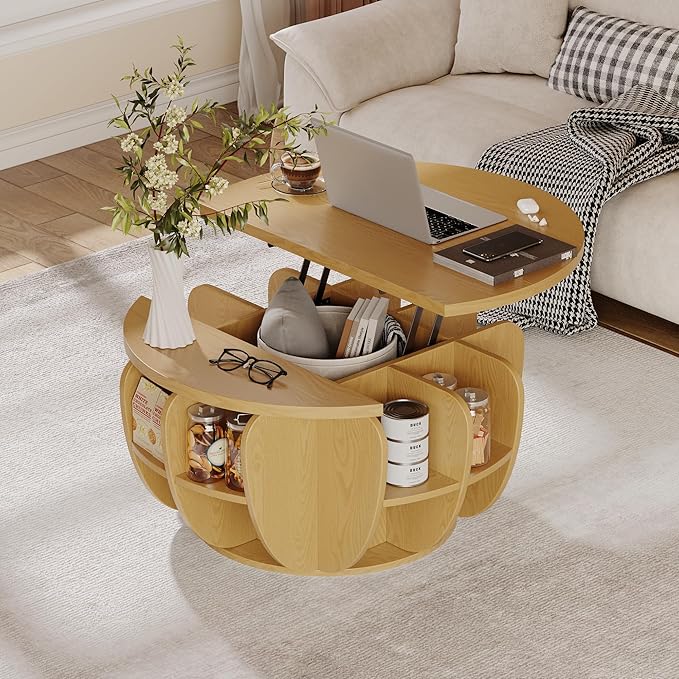 32.7" Lift Top Coffee Table with Storage, Wood Round Center Table with Hidden Storage Compartment & Shelves, Mid Century Modern Coffee Tables for Living Room Rustic Accent Small Center Table Natural