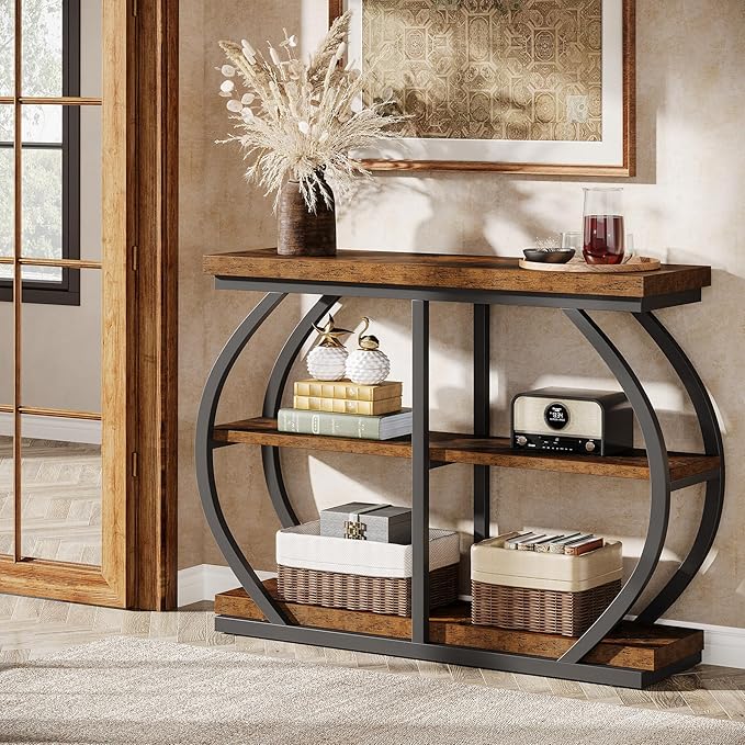 Tribesigns 41.3" Console Table, Industrial 3-Tier Entryway Table with Arched Metal Frame and Storage Shelves for Living Room, Hallway, Rustic Brown