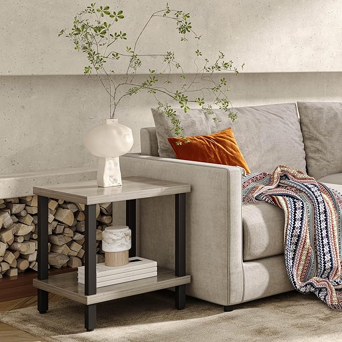 Large End Table Square Side Table Modern Sofa Table 20 Inch Industrial Coffee Table NightStand with 2-Tier Storage Shelf for Living Room Bedroom Oak Grey MLBZ06Z