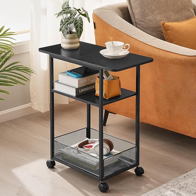 Side Table with Wheels, Narrow Side Table with 3-Layer Storage Shelves, Slim Nightstand, Metal Frame, for Small Spaces, Living Room, Bedroom, 23.6" D x 11.8" W x 25.2" H, Black
