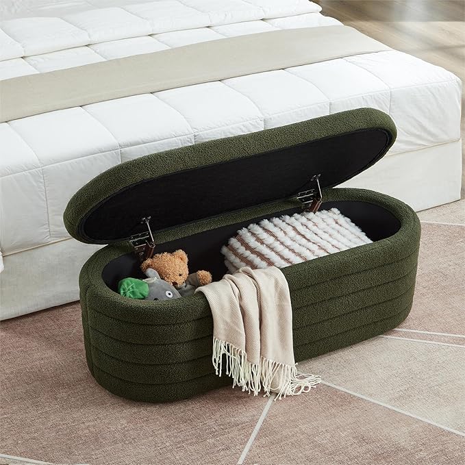 Storage Ottoman Bench End of Bed for Bedroom,43 inch Teddy Boucle Upholstered Entryway Shoe Seat Bench w/Storage,Sherpa Modern Cute Stool Foot Rest for Living Room,Window Seating,Dark Green