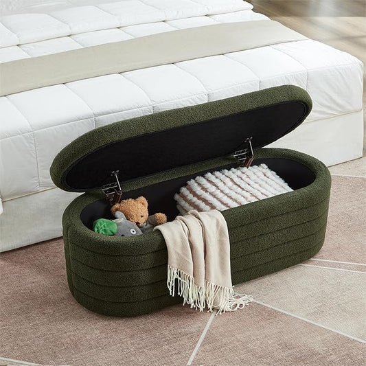 Storage Ottoman Bench End of Bed for Bedroom,43 inch Teddy Boucle Upholstered Entryway Shoe Seat Bench w/Storage,Sherpa Modern Cute Stool Foot Rest for Living Room,Window Seating,Dark Green
