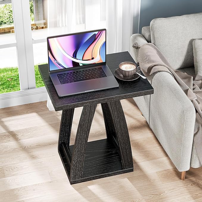 End Tables Living Room. Side Table Beside Sofa. Modern End Table for Living Room. Couch Side Table with Shelf. Black Wood Side Tables