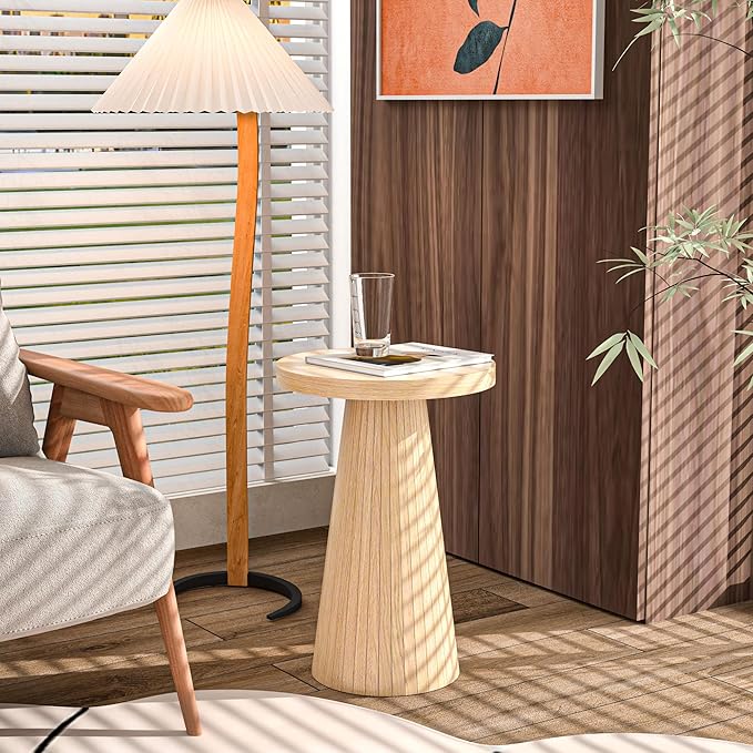 Small Round Pedestal Side Table, Wooden End Table for Living Room, Fluted Drink Table for Small Space, Modern Plant Stand Accent Table for Sofa Couch, 13.6 inch (Wood)