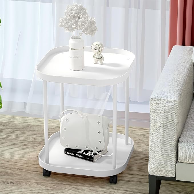 Side Table with Wheels, End Table Living Room Plastic Mobile Sofa Side Table Small Night Stand Bedroom Matte White