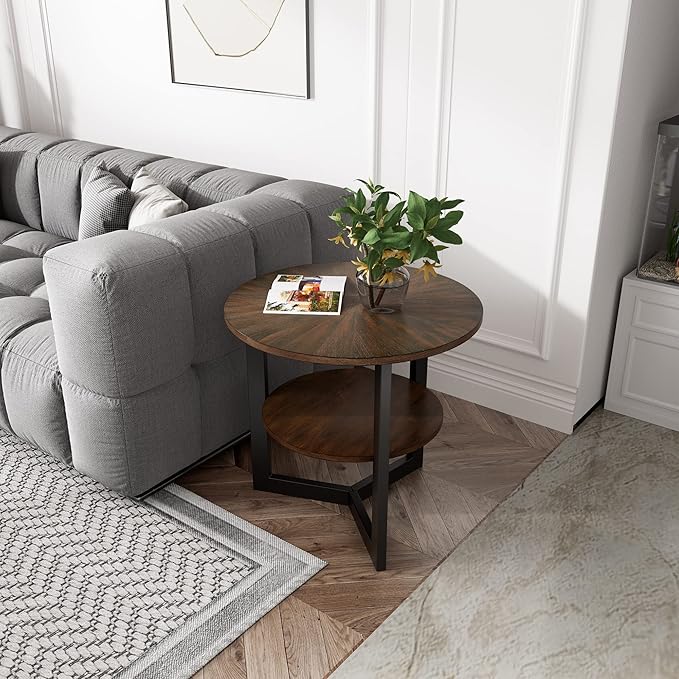 LEEMTORIG Round Side Table, Large 2-Tier End Table Nightstand with Metal Legs, Modern Bedside Couch Table for Living Room, Bedroom, Office, Rustic Brown/Black, 25.2 x 25.2 x 24 inches CJZ-1338-NC