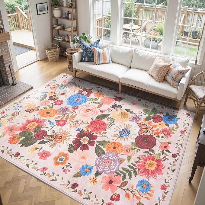 Floral Washable 6x9 Area Rugs, Soft Bedroom Rug for Living Room Ultra-Thin Non Slip Dining Room Rug, Stain Resistant Rugs Easy Clean Throw Carpet for Office(Beige/Pink Garden, 6 x 9)