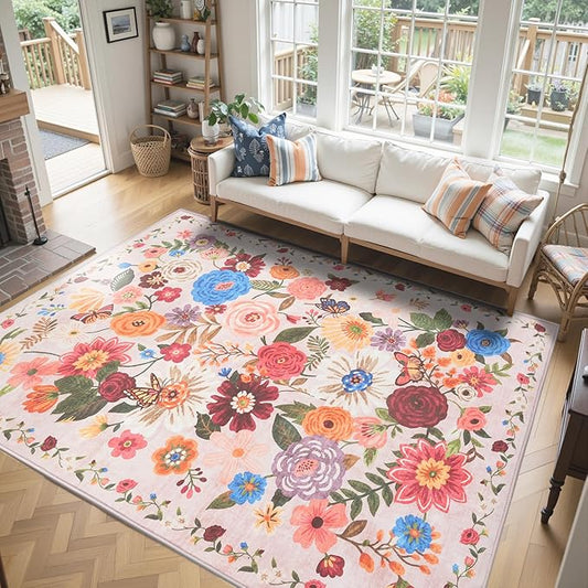 Floral Washable 6x9 Area Rugs, Soft Bedroom Rug for Living Room Ultra-Thin Non Slip Dining Room Rug, Stain Resistant Rugs Easy Clean Throw Carpet for Office(Beige/Pink Garden, 6 x 9)