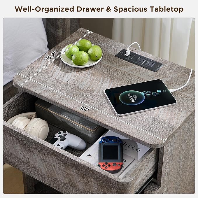 ACCOHOHO Modern Nightstand Set of 2 with Charger Station, 22" Wide Night Stand with Storage Drawer & Open Shelf, Large Bedside Table for Bedroom, Wood End Table, Curved Profile, Grey