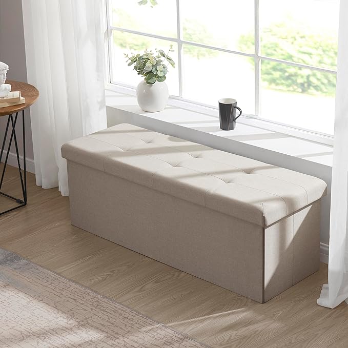 Ornavo Home 43 Inch Folding Storage Ottoman, Long Large Storage Ottoman Chest, Foot Rest Stool, Bedroom Bench - (Beige)