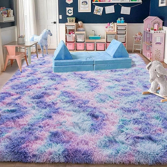 Rugs for Living Room 8x10, Soft Shaggy Modern Shag Area Rug for Bedroom, Upgrade Non-Slip Plush Fluffy Carpet for Kids Boys Girls Room Home Decor Aesthetic, Rainbow Purple