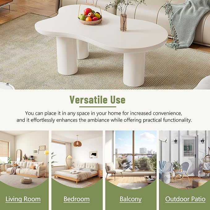 GDFStudio 44'' Cloud-Shaped Coffee Table,Minimalist Center Table with 3 Sturdy Legs & 1.5'' Thick Top,Easy Assembly Round Edge Irregular End Table for Living Room, Bedroom,or Patio,White