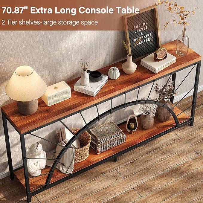 70.9 Inch Console Table, Extra Long Industrial Sofa Tables, 2-Tier Behind Couch Table, Foyer Tables for Entryway, Hallway, Living Room, Unique Design