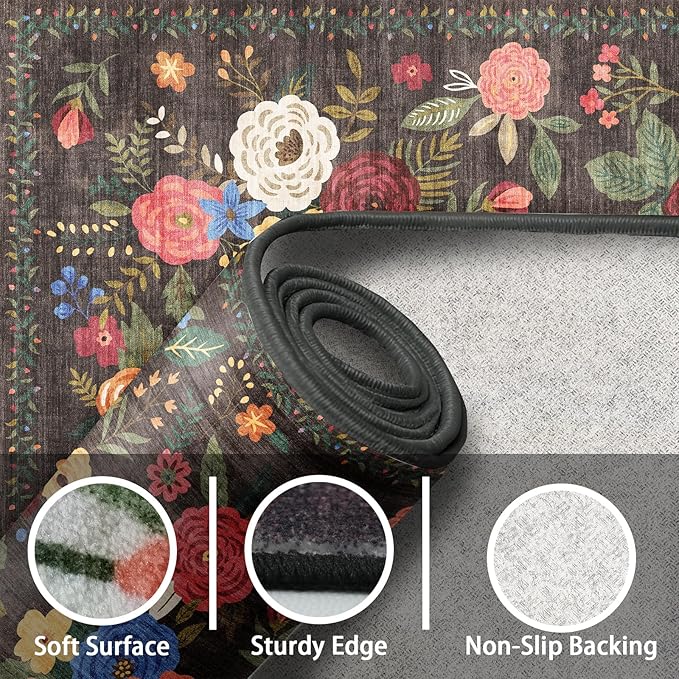 Black Area Rugs 9x12 Living Room Washable Rug Non Slip Floral Low Pile Large Rug for Living Room, Bedroom, Farmhouse, Dining Room, Kids Playroom(9 x 12, Black Lawn)