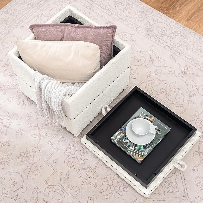 Adeco 18" White Square Storage Ottoman with Tray, Modern Cube Ottoman Coffee Table for Dorm, Bedroom