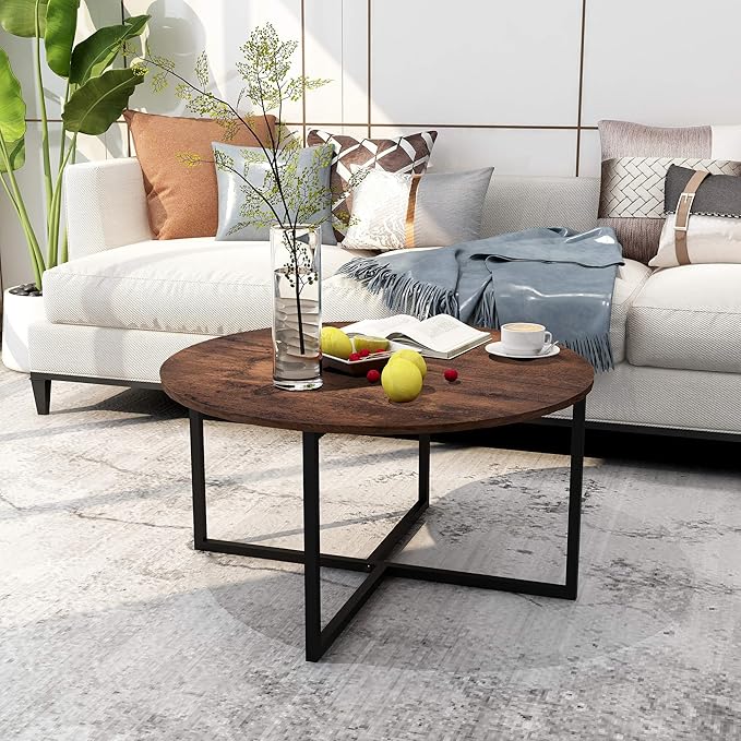 Round Coffee Table Kitchen Dining Tables Modern Leisure Tea Table Office Conference Pedestal Desk Rustic Brown