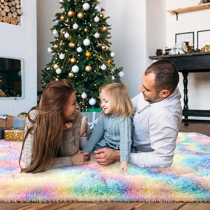 Super Fluffy Rug for Bedroom, 4x6 Shag Fuzzy Area Rug for Living Room Bedroom, Plush Soft Carpet for Girls Boys Kids, Non Slip Throw Rugs for Dorm, Modern Home Decor Aesthetic, Rainbow