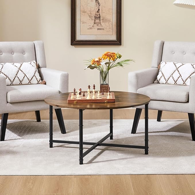 Yaheetech Round Coffee Table, Small Coffee Table for Living Room, Rustic Wood Circle Modern Center Table with Sturdy Metal Legs, Easy to Assemble, 35.5 x 18 Inches