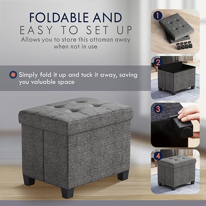 Ornavo Home Storage Ottoman Small Rectangle Ottoman with Legs, Foot Rest Stool Seat, Load up to 600 LB, for Living Room, Bedroom, Home Office, Dorm - 12 x 16 x 12, Dark Gray