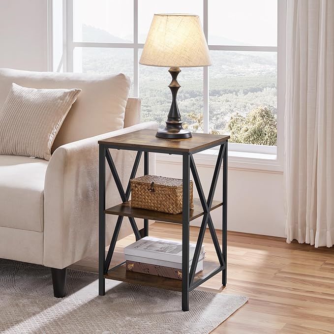 Yaheetech Industrial End Tables Set of 2, 3-Tier Side Tables with Storage Shelves for Living Room, X Design, Strong Metal Frame, Easy Assembly, 16x16x24.5 in, Rustic Brown