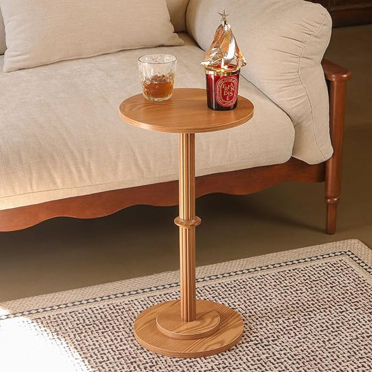 MaxSmeo Drink Table, Small Side Table for Small Spaces, Modern Round End Table with Fluted Wood Leg, Brown