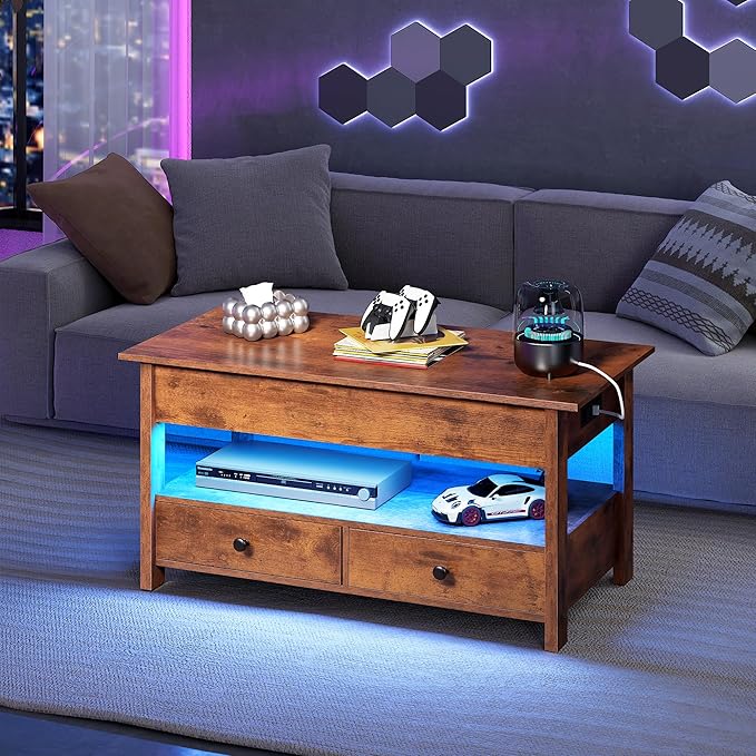 WLIVE Coffee Table, Lift Top Coffee Table with 2 Drawers, LED Light, Large Hidden Compartment and Open Shelf, Lift Tabletop, Dining Table for Living Room, Rustic Brown