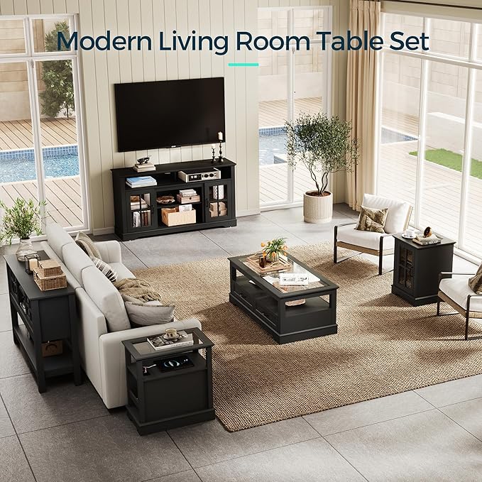 LINSY HOME End Table with Charging Station, Modern Side Table with Storage Cabinet and Adjustable Shelf, Small Sofa Table for Living Room, Home Office, Black