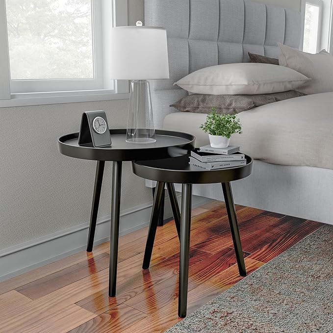Nesting Side Tables - Set of 2 Round End Tables for Living Room, Bedroom, or Home Office - Accent Table Set with Tray Tops - Mid-Century Modern Living Room Furniture by Lavish Home (Black)