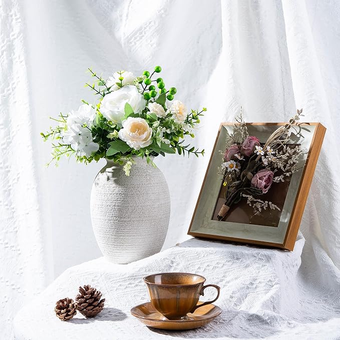 8 Inch White Ceramic Vase - Rustic Vintage Decorative Vase for Home - Farmhouse Pottery Vase for Flowers - Modern Vintage Dining Table Centerpiece， Lyeec Vases Set