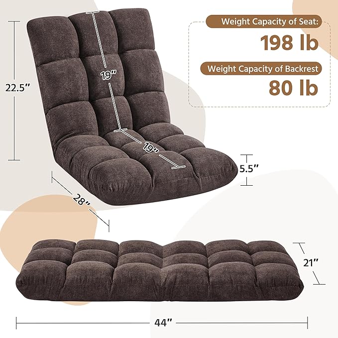 Yaheetech Floor Folding Chair with Back Support, Padded Folding Gaming Sofa Chair with 14 Adjustable Backrest, Adults Couch Recliner, Floor Seating Lounge Chair, Armless Meditation Chair, Brown