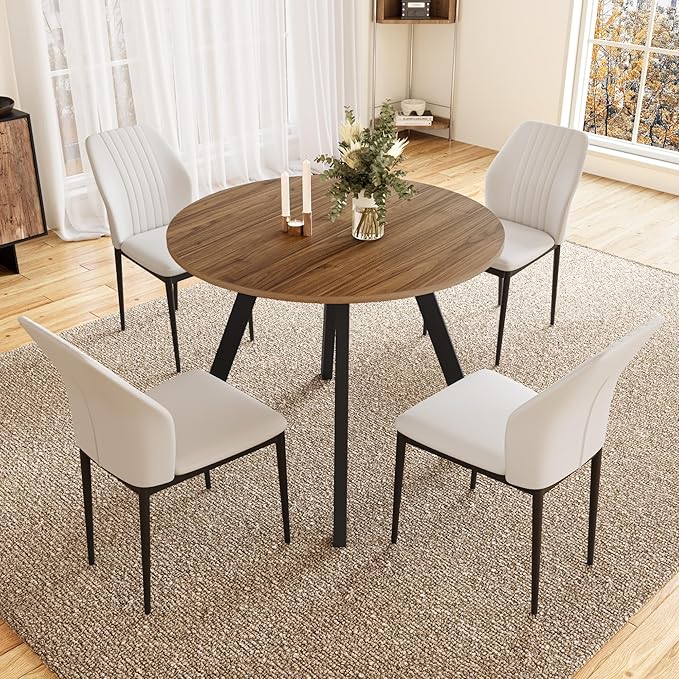 34.6'' Round Dining Table and Chairs for 4 Space Saving for Apartment Kitchen Dining Room (Walnut Table+4 White Chairs)