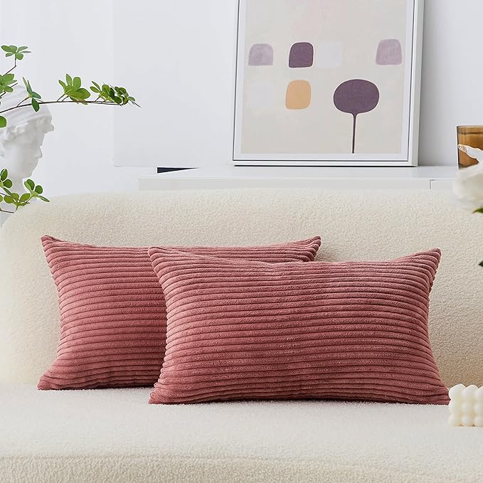 Home Brilliant Lumbar Pillow Covers Rectangle Set of 2 Throw Pillows Striped Corduroy Cushion Covers for Gift Girl's Room Decor, 12 x 20 inch, Dry Rose Pink