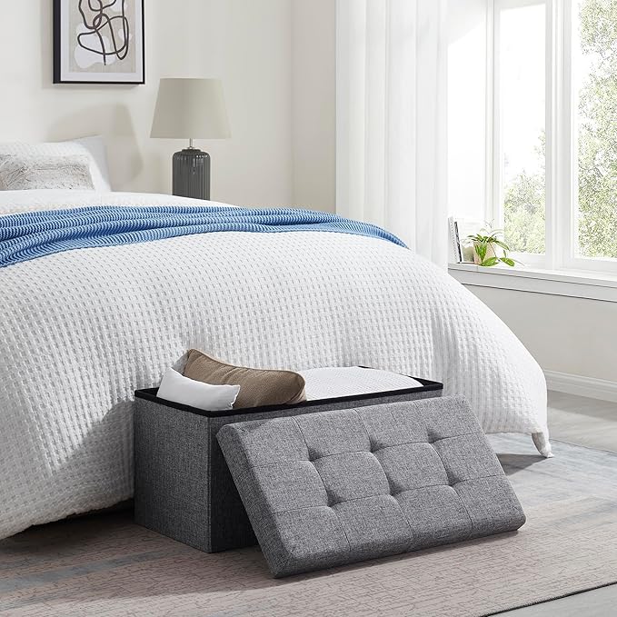 Ornavo Home Foldable Tufted Linen Large Storage Ottoman Bench Foot Rest Stool/Seat - 15" x 30" x 15" (Grey)