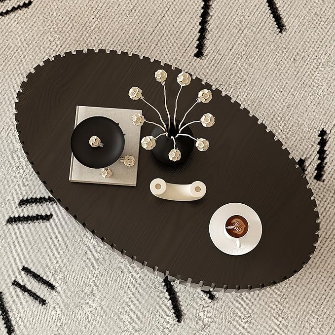 43.31" Oval Drum Coffee Table, Modern Handcraft Fluted Drum Center Table, Wooden Oval Coffee Table Center Table with Sturdy Pedestal for Living Room Apartment (Black)