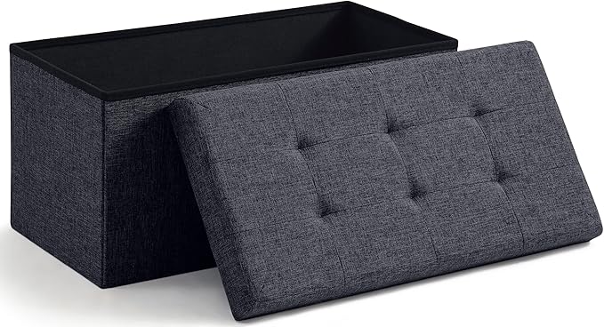 Ornavo Home Foldable Tufted Linen Large Storage Ottoman Bench Foot Rest Stool/Seat - 15" x 30" x 15" (Black)