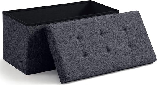 Ornavo Home Foldable Tufted Linen Large Storage Ottoman Bench Foot Rest Stool/Seat - 15" x 30" x 15" (Black)