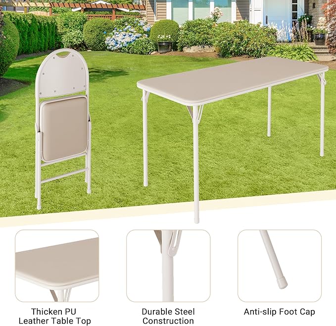 5-Piece Rectangle Folding Table and Chairs Set, Foldable Portable Card Table and Chairs, Scratch & Stain Resistant Tabletop, for Dining Room, Living Room, Office, Camping, Gatherings, Beige