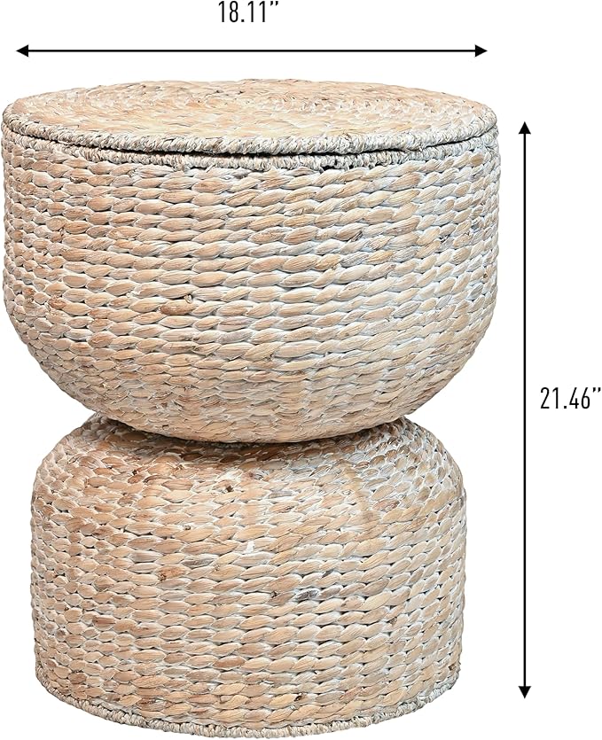 happimess SAT1000C Bhola 18" Hourglass Handwoven Hyacinth Storage Accent Table with Lid for Storage and Decoration in Bedroom, Living Room, Kitchen, Dining Room, Entryway, Guestroom, White Wash
