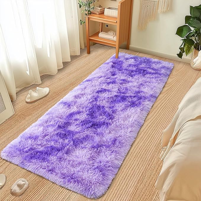 Small Runner Rugs for Bedroom Hallways, 2x4 Runners for Hallways Fluffy Throw Area Rug Non Slip for Bedside Dorm, Shag Rugs for Girls Boys Bedroom, Floor Carpet Runner for Kids Dorm, Tie-Dyed Purple