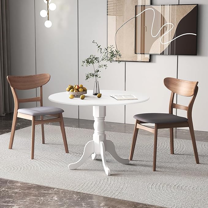 Giantex Round Dining Table, 39" D X 29" H, Rubber Wood Pedestal Table W/Round Tabletop & Curved Trestle Legs, 4-Person Dinner Table for Kitchen, Dining Room, Restaurant (White)