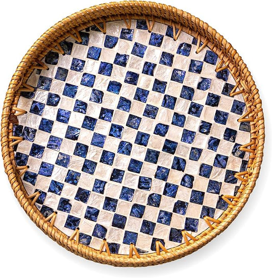 JUNGLE CULTURE Large Rattan Serving Tray 14" with Mother of Pearl Inlay • Coastal Boho Collection • Handcrafted Serving Tray with Handles • Round Woven Table Trays for Home • Wicker Basket – Drift