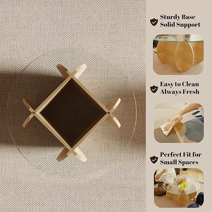 Honyee Round Glass Coffee Table, 30.7" Small Coffee Table with Tempered Glass Top and Wood Grain Base, Modern Circle Coffee Table for Living Room, Easy Assembly, Natural