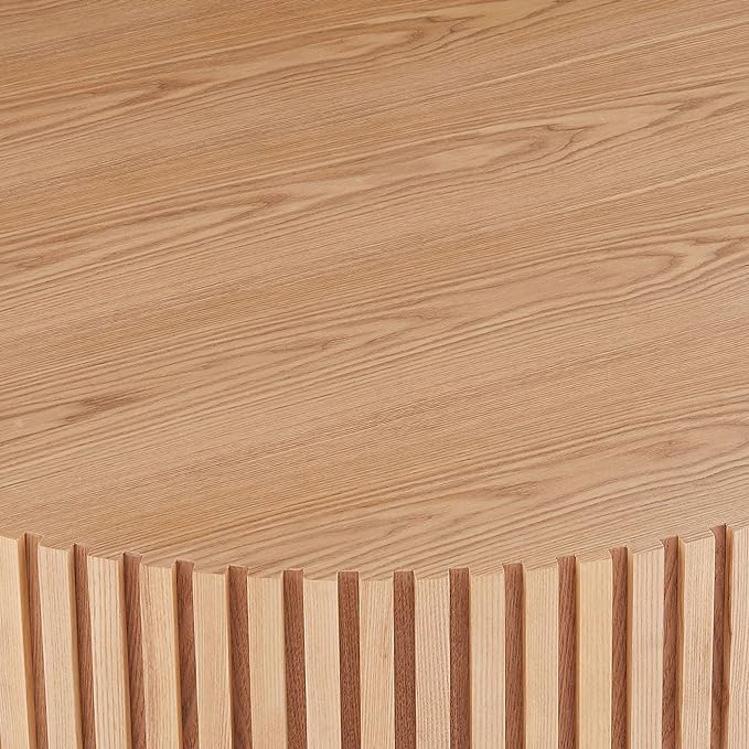 35.43" Modern Round Coffee Table,Handcraft Relief Drum Circle Wood Side End Accent Center for Living Room, Apartment, Oak