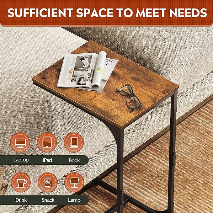 WLIVE C-Shaped End Table Set of 2, Small Couch Side Tables with Metal Frame, Sofa Table TV Tray for Living Room, Bedroom, Rustic Brown