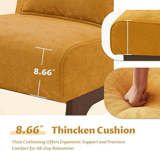 Upholstered Armless Accent Chair,Modern Comfy Living Room Chairs with Wooden Legs& Pillows,Lounge Sofa Side Chair for Bedroom Farmhouse Reading (Yellow, 1 PC)
